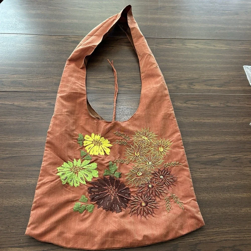 Handmade Beaded Boho Embroidered Hobo Bag‎ Terracotta Tote Floral 70's Vibe